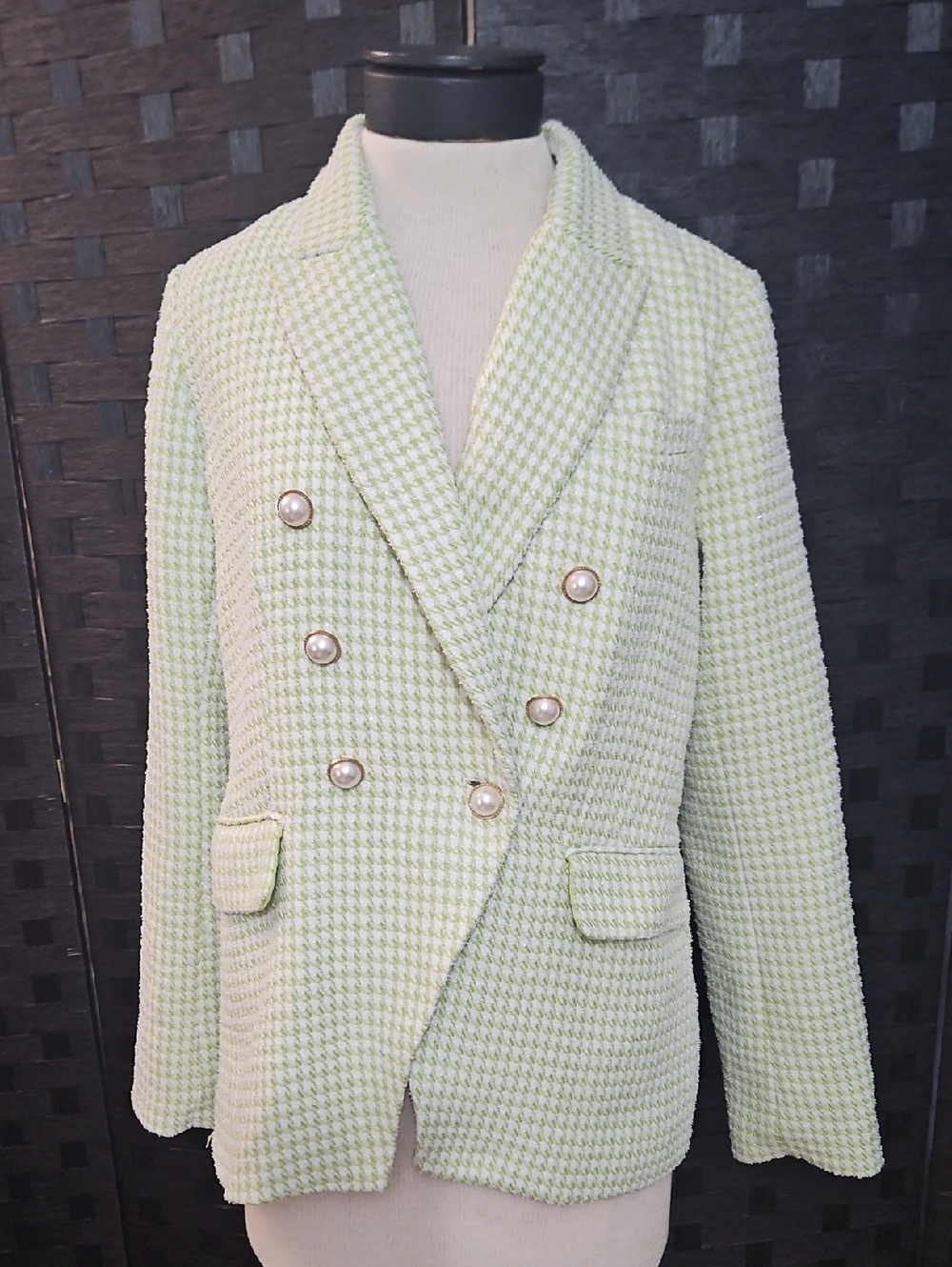House Of Harlow Double-Breasted Women's Houndstooth Blazer Jacket Light Green M - Picture 3 of 13